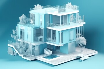 modern 3D house design on a blue background created with Generative AI technology