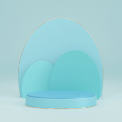 blue cylinder pedestal podium with arch shape backdrop. abstract pastel blue color. 3d rendering