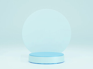 blue cylinder pedestal podium with circle shape backdrop. abstract pastel blue color. 3d rendering
