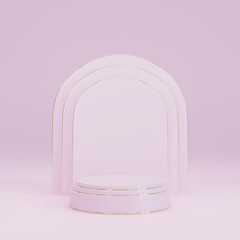 pink cylinder pedestal podium with arch shape backdrop. abstract pastel pink color. 3d rendering