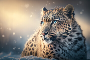 Portrait of a leopard in the background of a snowy landscape with Generative AI technology.
