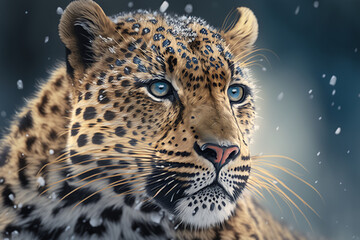 Naklejka na ściany i meble Portrait of a leopard in the background of a snowy landscape with Generative AI technology.