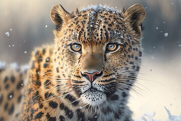 Portrait of a leopard in the background of a snowy landscape with Generative AI technology.