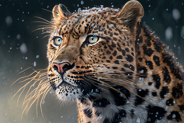 Fototapeta na wymiar Portrait of a leopard in the background of a snowy landscape with Generative AI technology.