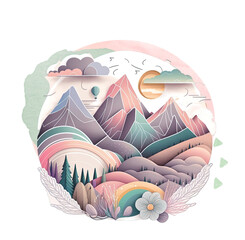 Whimsical and playful pastel illustration artwork in delicate linework of mountain travel, outdoor, or roadtrip vacation destination. Isolated on transparent background. Created using Generative AI.