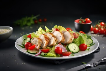 Grilled sliced chicken breast fillet with fresh vegetable salad on white plate on black background