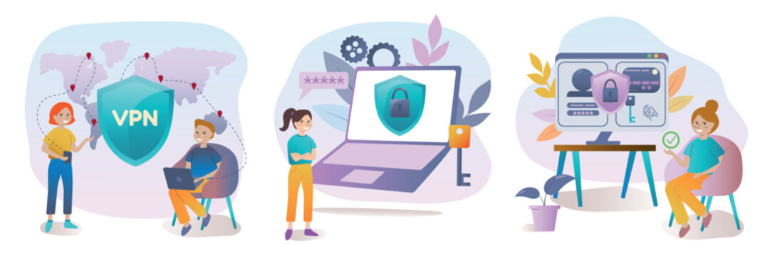 Cybersecurity set. Virtual private network,strength password, personal data protection. Vector illustration in cartoon style.