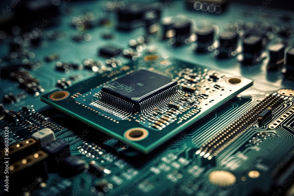 Poster detailed view of a computer motherboard created with generative ai technology