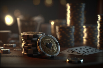 Texas poker Hold'em cards and chips. Poker online, player's smartphone at the poker table, poker room. Poker game, online casino, card games. Modern design, magazine style. Generative AI