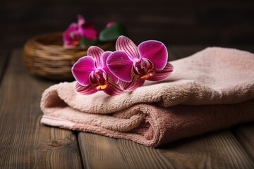 Obraz na płótnie Canvas Illustration of pink orchids and a towel on a wooden table created with Generative AI technology