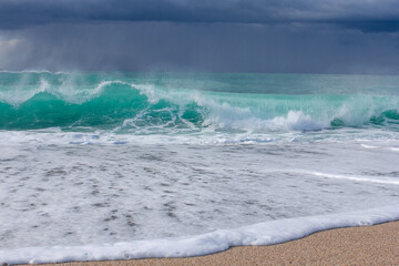 Big storm waves of Mediterranean sea on Alanya beach Turkey coast