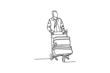 Continuous one-line drawing a man traveling with two big suitcases. Airport activity concept. Single line drawing design graphic vector illustration