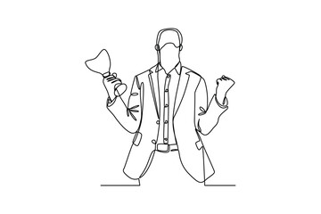 Single one-line drawing a man very happy to get an award. Employee appreciation day concept. Continuous line drawing design graphic vector illustration.