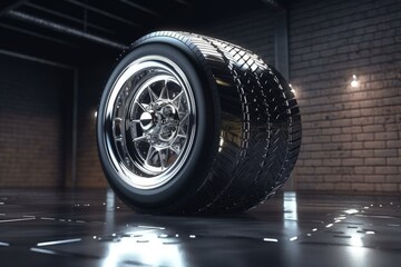 car tire on a reflective garage floor created with Generative AI technology