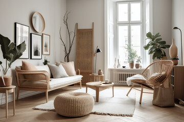 Scandinavian Living Room with Trendy Home Accessories (AI Generated)