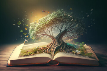 Naklejka premium open magic book with a big tree, sustainable development, internet and communication technology, by generative AI. 