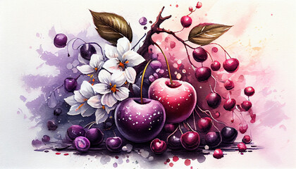 Bunch of Delicious Cherry Fruit Watercolor Painting on Isolated White Background AI Generative