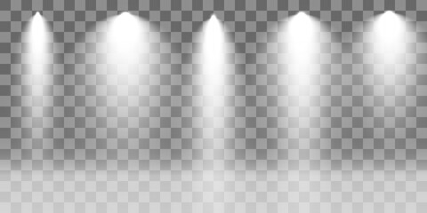 Set of Spotlight isolated on transparent background. Vector glowing light effect with white rays and beams. PNG. Vector illustration