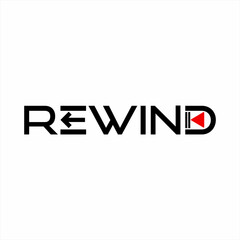 Rewind word design with back arrow on letter E and rewind symbol on letter D