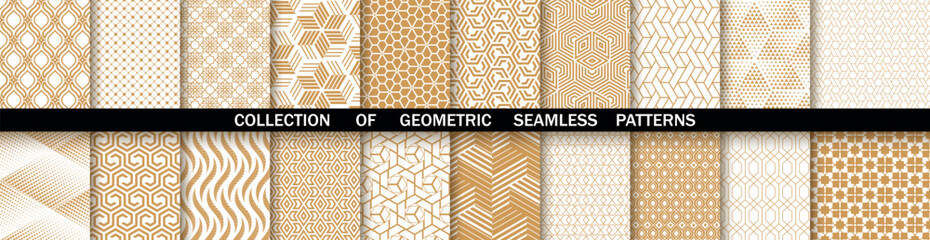 Geometric set of seamless gold and white patterns. Simpless vector graphics