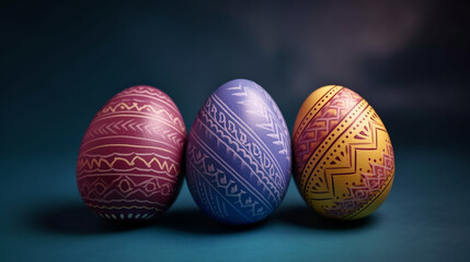 Three colorful patterned easter eggs on dark surface