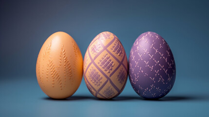 Three colorful patterned easter eggs on dark surface