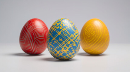 Three colorful patterned easter eggs on light surface