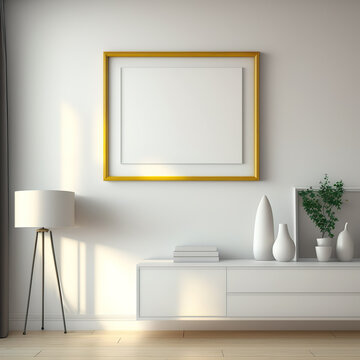 Blank picture frame mockup on wall in modern interior. Template mock up for artwork, painting, photo or poster in interior design 3D Render