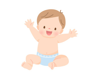 オムツ姿の笑顔のかわいい赤ちゃんのイラスト素材
