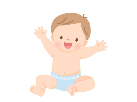 オムツ姿の笑顔のかわいい赤ちゃんのイラスト素材