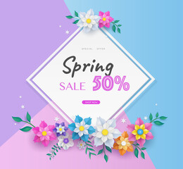 flower paper cut in vector art design with realistic shadows in pastel color tone . Frame or space for add the text label used for a magazine, web, signboard in shopping mall and the other.