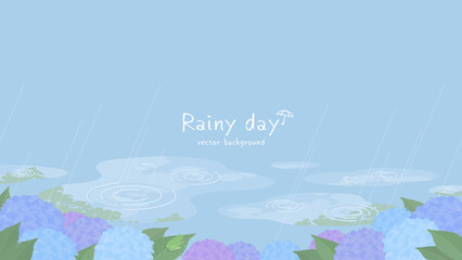 雨の日の背景イラスト　アジサイとカエルがいる梅雨の風景