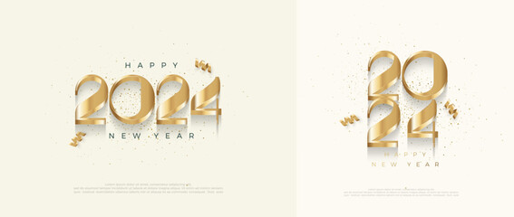 Fototapeta na wymiar Classic design 2024 happy new year with luxurious and elegant gold numbers. Premium design with unique numbers, Design for poster, Banner, Template and greeting social media post.