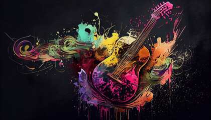 A Vibrant Colored Guitar in Watercolor Oil Painting Splashing on Colorful Musical Design on Dark Background AI Generative