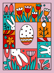 Happy Easter vector illustration concept with bunny, egg and flowers. Modern style graphic. Perfect for a social media post, egg hunt design, poster, cover or postcard.