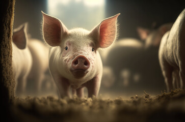 Cute pig in the pigsty looking at camera. Generative AI