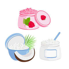Body scrub, cream in a jar. Raspberry, coconut, vanilla. Vector set.