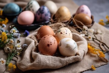 Obraz na płótnie Canvas pile of fresh eggs on a rustic clot created with Generative AI technology