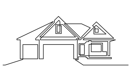 continuous line drawing vector illustration with FULLY EDITABLE STROKE of big suburban house with driveway as real estate home property concept