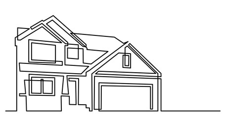 continuous line drawing vector illustration with FULLY EDITABLE STROKE of two storey suburban house with garage as real estate home property concept with copy space