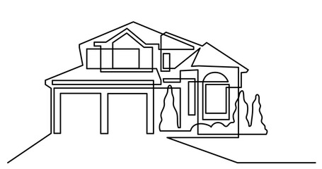 continuous line drawing vector illustration with FULLY EDITABLE STROKE of nice suburban house with two car garage as real estate home property concept