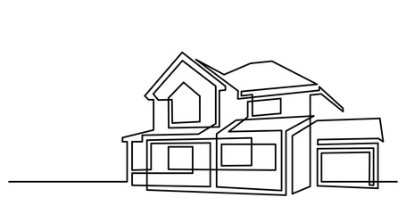 continuous line drawing vector illustration with FULLY EDITABLE STROKE of suburban house with one car garage as real estate home property concept