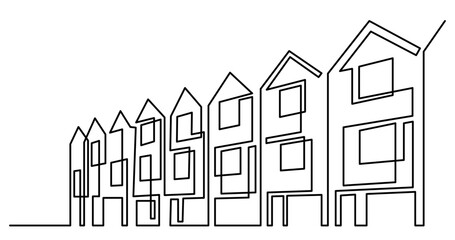 continuous line drawing vector illustration with FULLY EDITABLE STROKE of row of townhouses as real estate home property concept