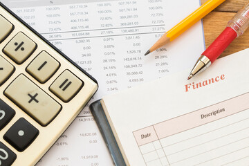 calculator, statement balance sheet accounting for business work arrangement flat lay style on background white 