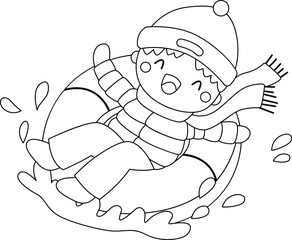 a vector of a boy on a snow sled in black and white coloring