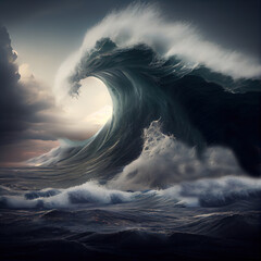 giant wave, tsunami, photo realistic illustration, stock image