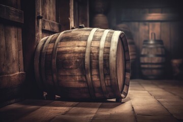 rustic wooden barrel on a textured wooden floor created with Generative AI technology