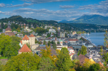 Waterfront of lake Lucerne with a church in Luzern, Switzerland