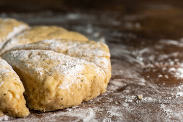 Bakery - yeast dough for bread, pizza or scone on a floured surface, with flour splash. Cooking bread. Kneading the Dough. Long banner format