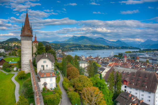 Fortification overlooking the old town of Luzern, Switzerland